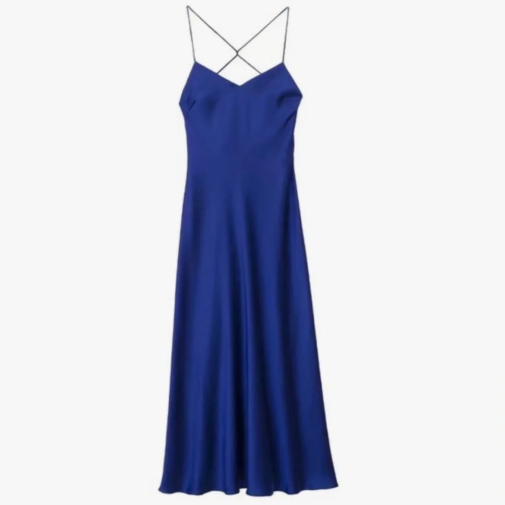 Zara Blogger Fave Satin Effect Blue Midi Maxi Cross Back Dress - Picture 12 of 12
